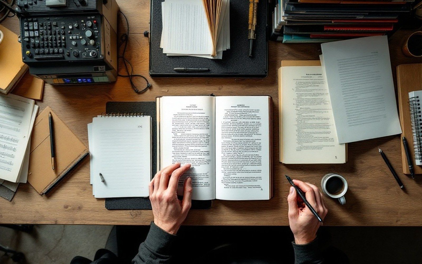 Overhead view of hands holding a pen over an open book amid notebooks and papers