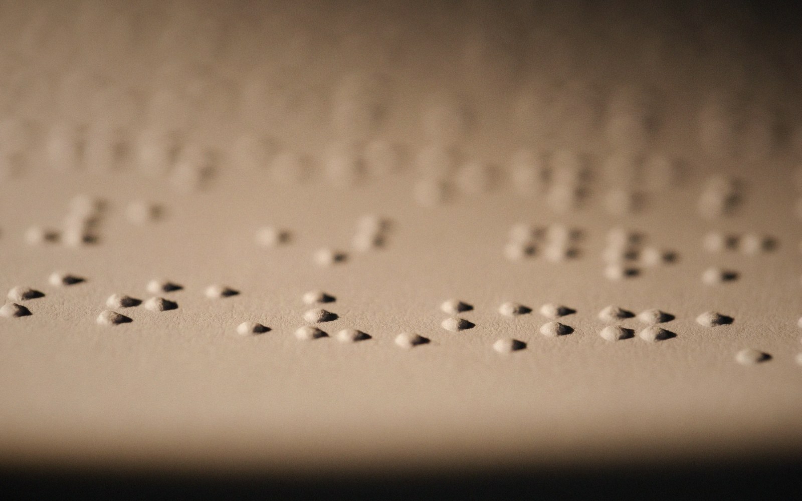 A braille proof sheet under a desk lamp, raking light across the dots